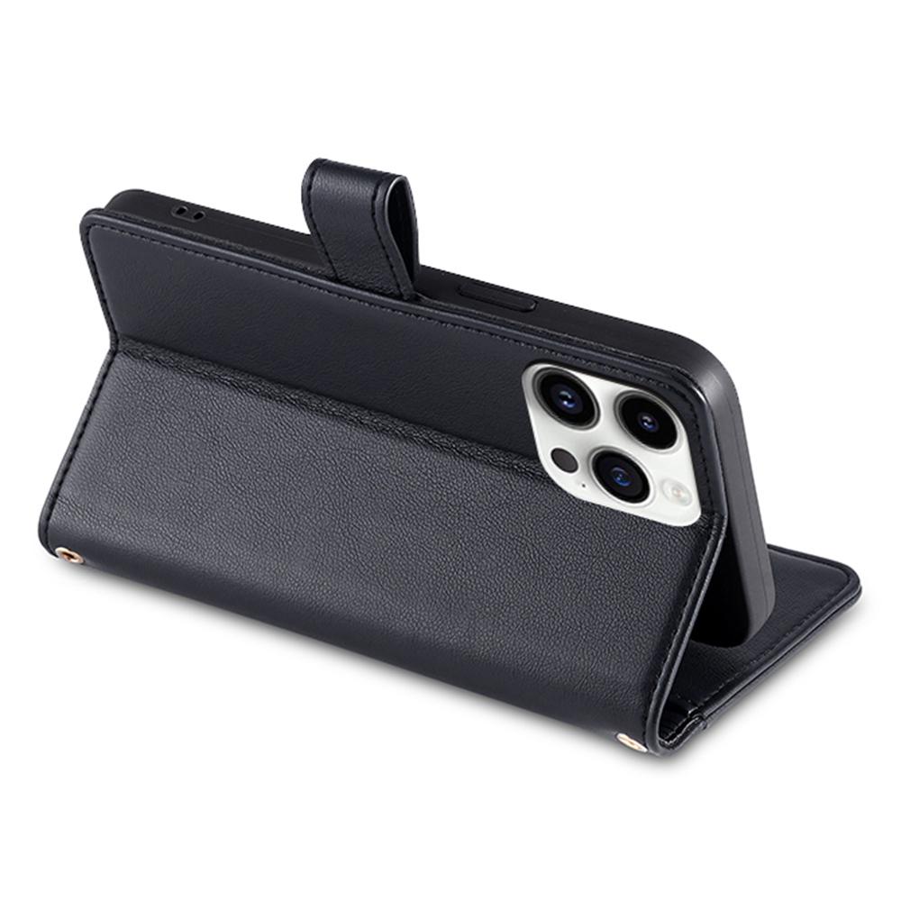For iPhone 14 Pro Max PU Leather Stand Case Zipper Pocket Phone Cover with Wrist Strap and Shoulder Strap