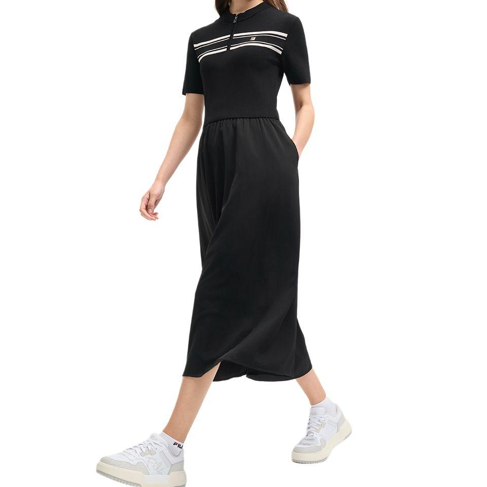 FILA Heritage Series Fashion Casual Comfortable Mid-Length Short Sleeve Dress Women dresses Black F11W528307F-BK