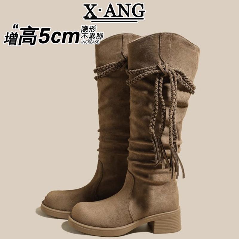 

Cowhide version Wasteland wind knight boots children but knee high boots fringed stacking boots thick heel thin long boots 40