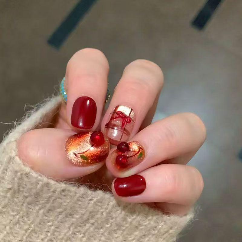 Cherry Sweet Wine: Hand-Woven Amber Gradient Plaid Bow Manicure Whitening Stickers
