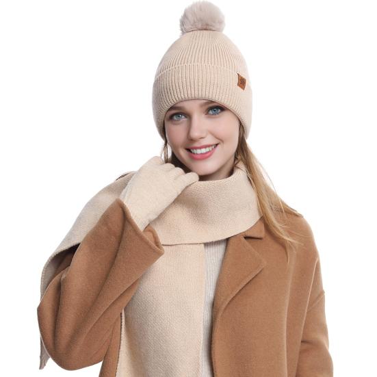 Yousheng 3Pcs/Set Women Hat Scarf Gloves Set Double-Layer Velvet Plush Ball Hat Cold Protection Scarf Touchscreen Gloves Set Ski Cycling Gear