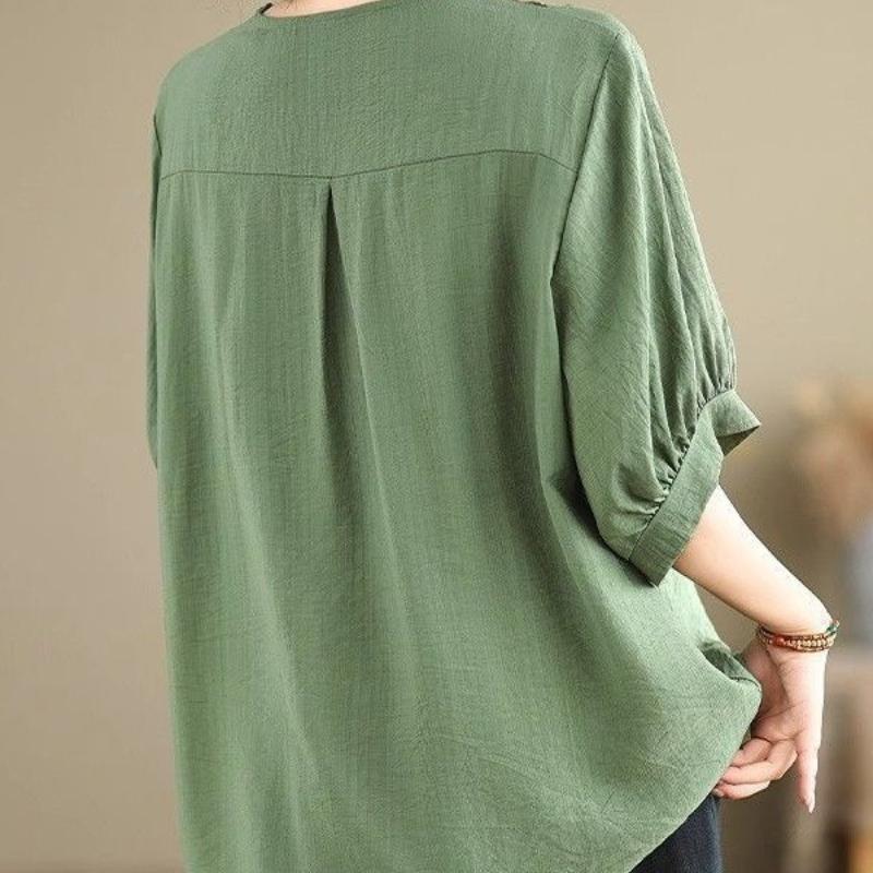 Bawełniano-lniana koszulka damska w dużym rozmiarze, letnia, nowy styl, retro, luźna, z siedmiocalowym rękawem