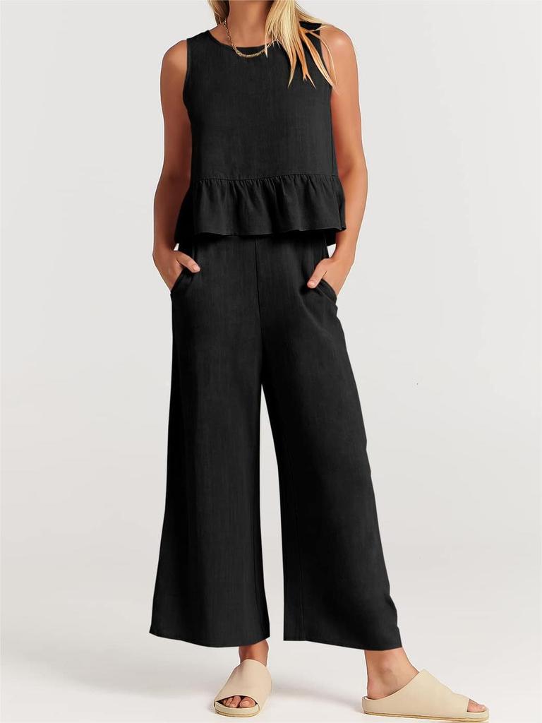 2024 Summer Women's Sleeveless Pleated Vest and Wide-Leg Pants Cotton-Linen Suit