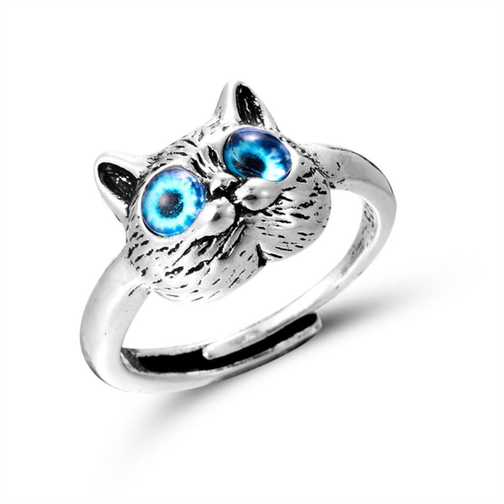 

Cute Cat Blue Eyes Ring Silver Color Couple Ring Retro Finger Rings