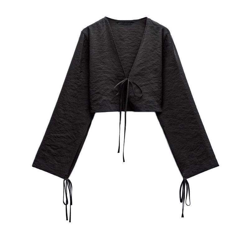 

Spring New Fashion Wind Sexy All-Matching V Neck Long Sleeves Bowknot Decoration Vertical Short Shirt 7975261 Black L