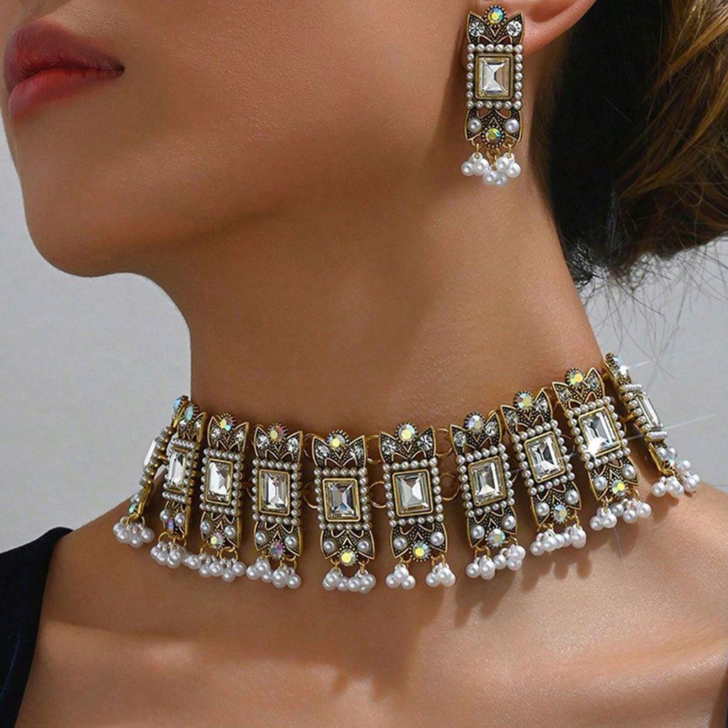 European Style Alloy Gemstone Necklace And Earrings Set With Artificial Pearl Dangles For Women