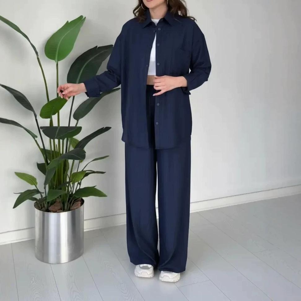 European and American women's clothing new daily casual style long-sleeved button-up shirt drawstring wide-leg pants set