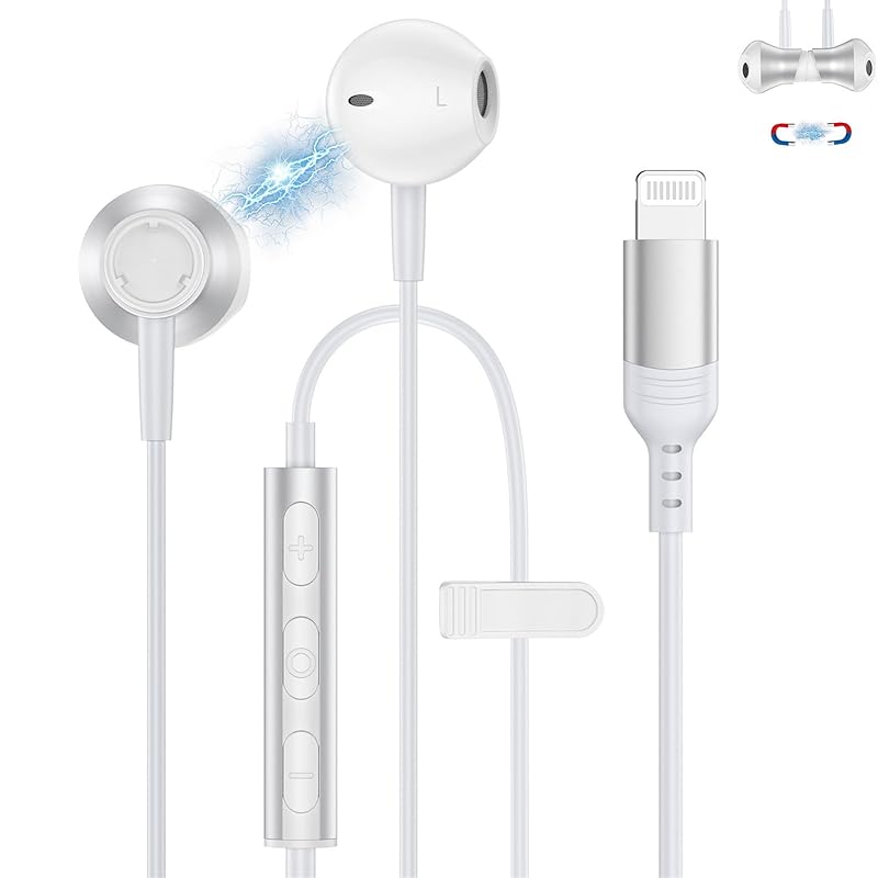 

iPhone earphones wired Lightning magnetic design heavy bass [2025 New Edition] HiFi sound quality noise reduction Comfortable fit with microphone