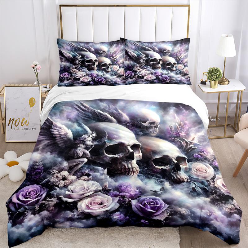 3pcs Skulls Angels and Roses Quilt Cover Set - Soft and Cozy Bedroom, Guest Room and Dorm Decorative Bedding 3-Piece Set 1 Quilt Cover + 2 Pillow