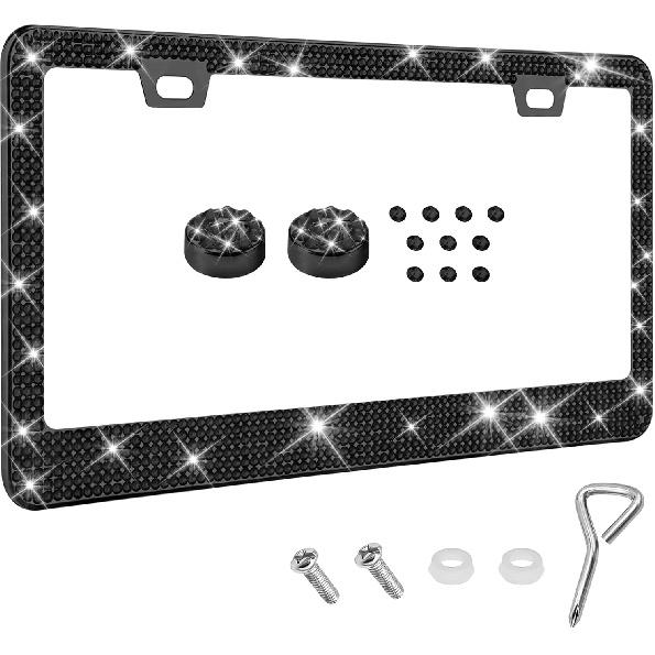 Bling License Plate Frame for Women, License Plate Holder, Sparkly Rhinestone Diamond Tag Holder Frames with Crystal Screws Caps, Stainless Steel