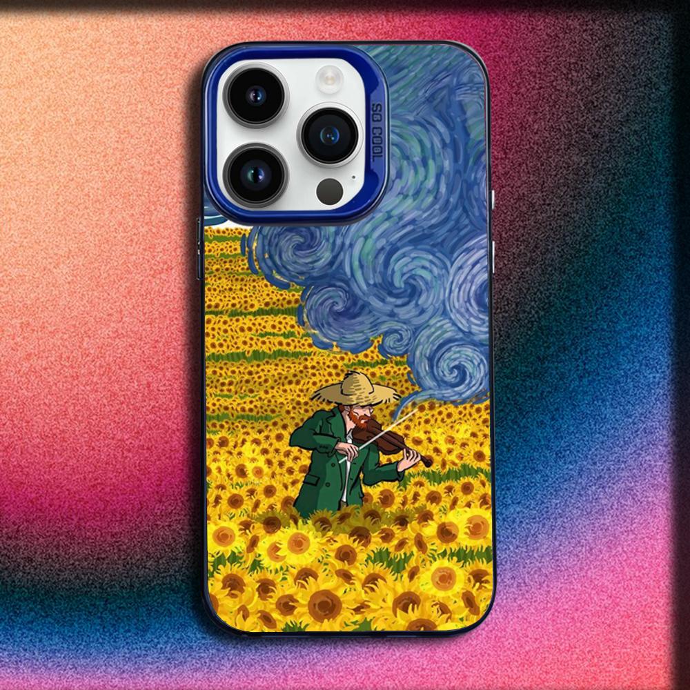 V-Van Gogh Starry Night Sunflower Cat Phone Case For iPhone 16,15,14,13,12,11,Mini,Pro,E,MAX Blue Matte Silicone Cover