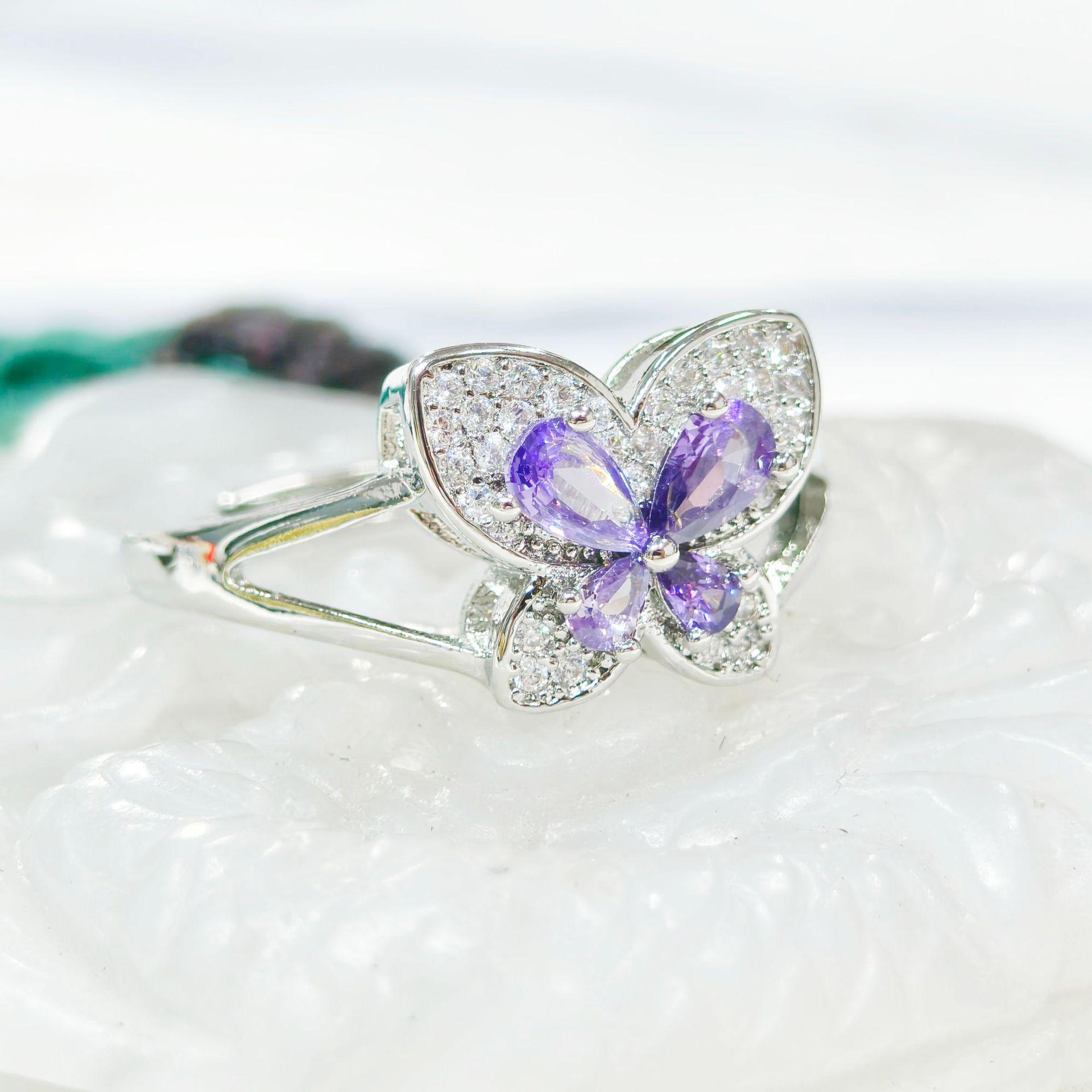Gesen Jewelry Purple Butterfly Three-Piece Set: Korean Style Ring, Pendant & Earrings