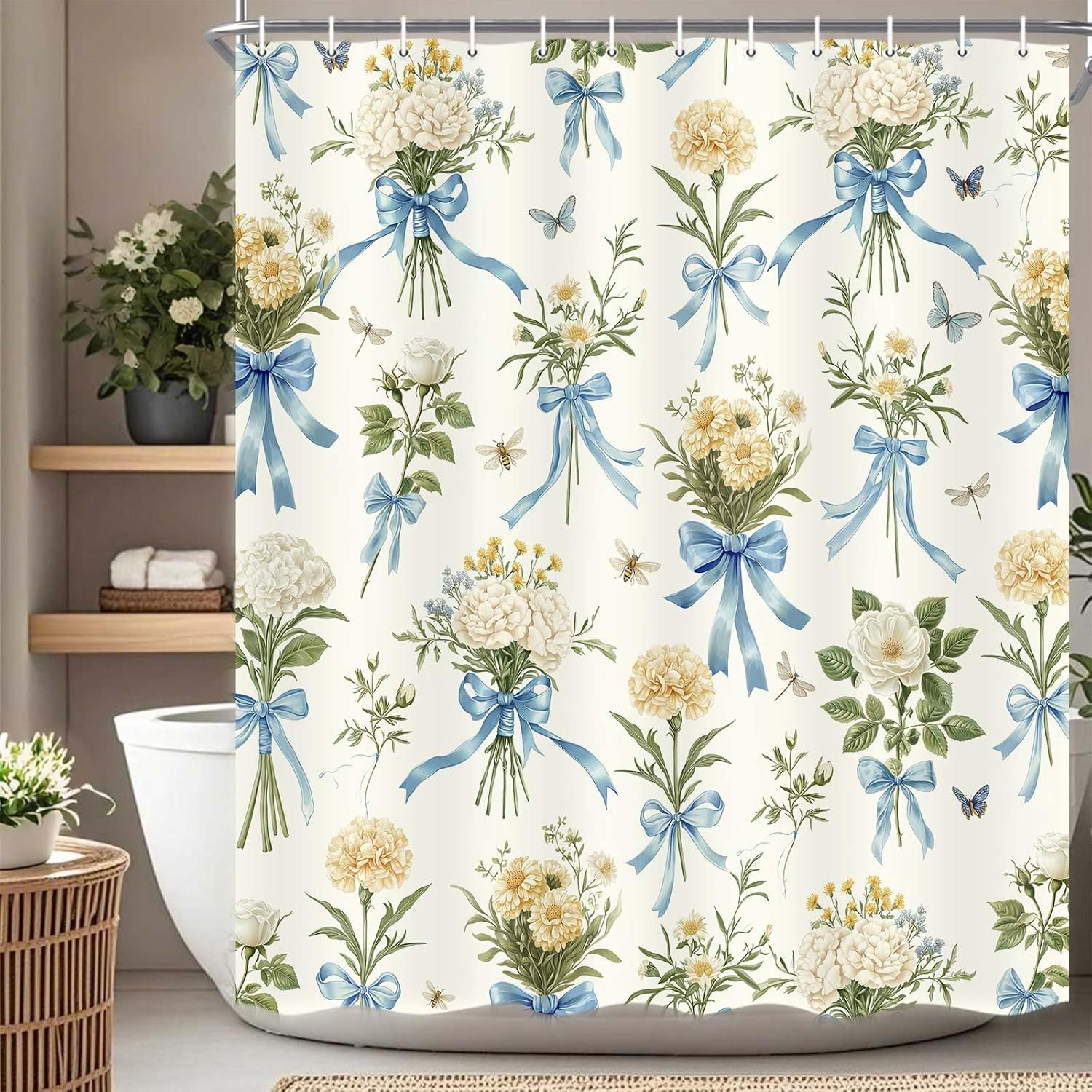 

Boho Floral Shower Curtain Blue Bow Wildflower Shower Curtain,Elegant Botanical Floral Leaf Bathroom Flower Plants Bath Curtains W60H190(CM)-1 Pcs