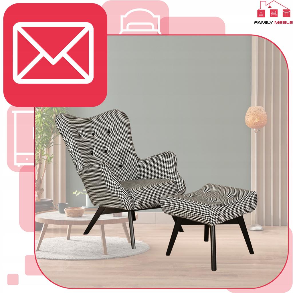 Scandinavian Armchair Luna Print with Footrest Pouffe Family Meble Houndstooth Black