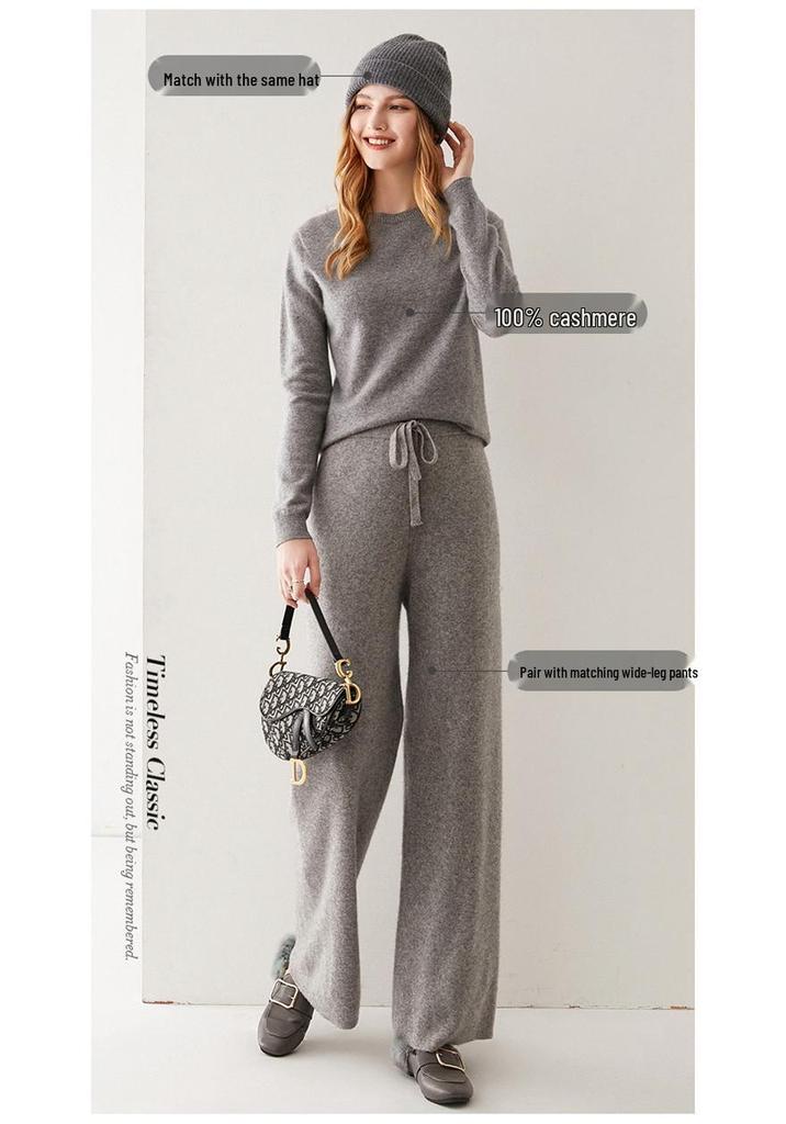 Women's 100% Pure Cashmere Round Neck Sweater - Seamless Long Sleeve Knit for Autumn/Winter