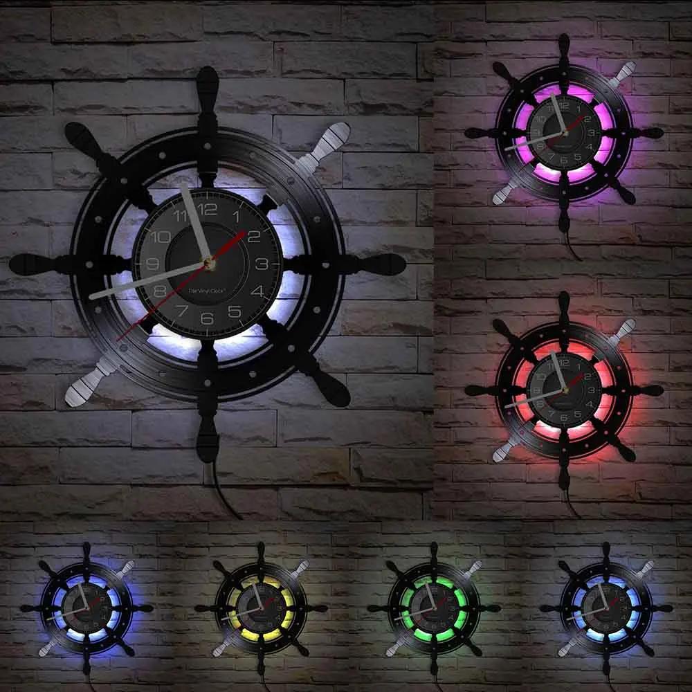 Anchor Ship Navy Compass Vinyl Record Wall Clock Retro Home Wall Decoration Navigation Ship Rudder Art Wall Clock Sailor Gift