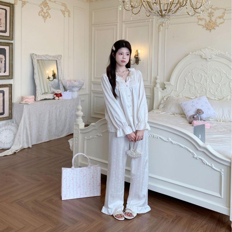 Ice Silk Pajamas for Women 1011 New Palace Style Long Sleeve and Long Pants Homewear Set Korean Sweet Style Loose Fit