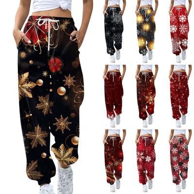 Moda casual feminina Natal estampado casual calças de moletom cintura elástica calças com cordão
