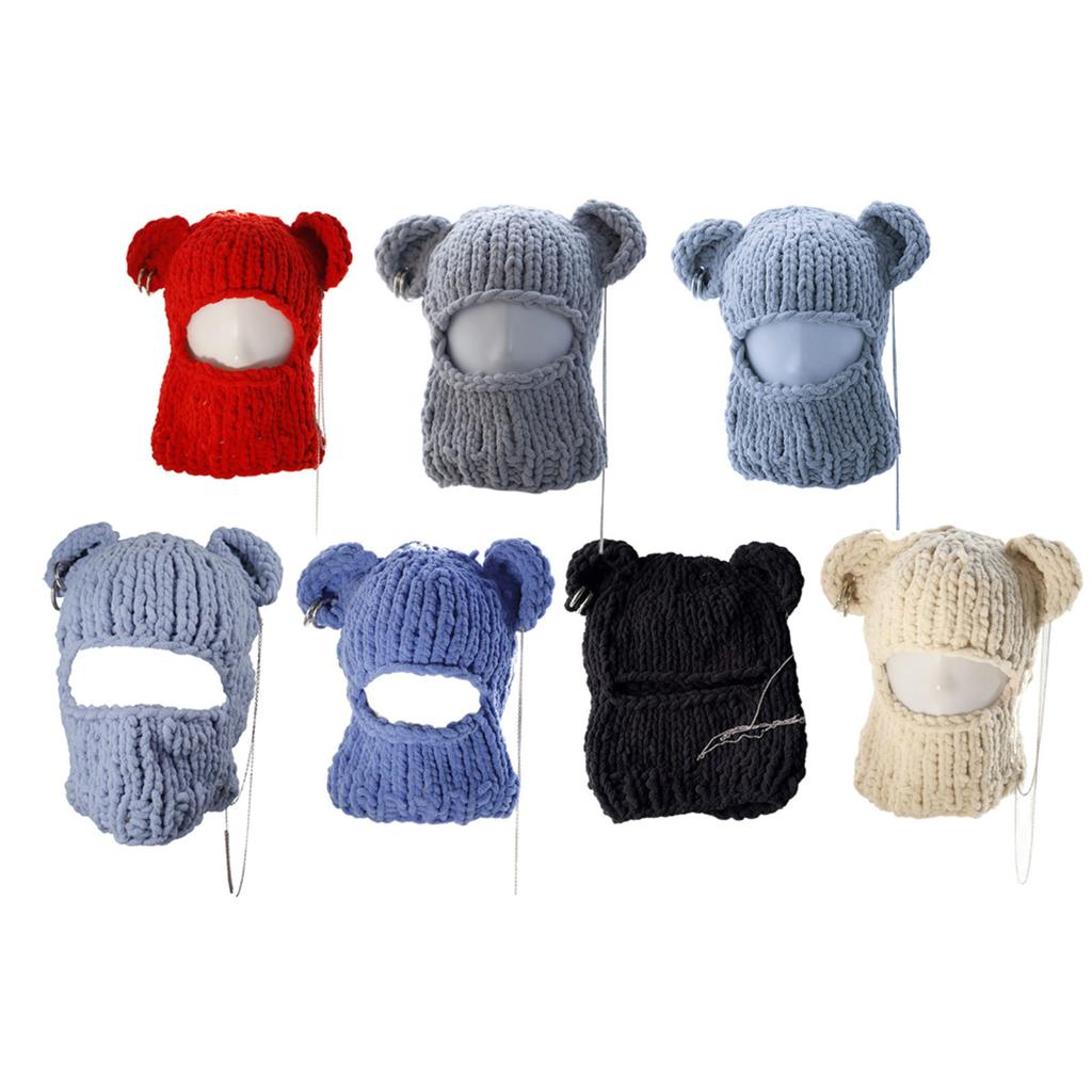 Bärenohren Wintermütze für Erwachsene Handgestrickte Sturmhaube Mütze Neuheit Partyhut für Mädchen Plüsch Gesichtsmaske Hut Modeaccessoires