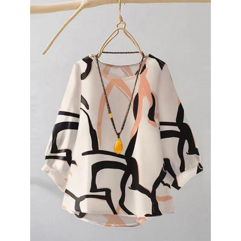 

Women s Fashion Casual Summer Spring Colour Block Print 3/4 Sleeves O-Neck Blouses & Shirts S белый