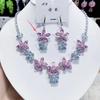Super Flash Pink and Blue Contrasting Color Flash Diamond Flower Necklace Earrings Fashionable Versatile Temperament Unique High-end Design Set