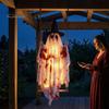 Front Porch Holiday Display Hanging Swing Ghost Halloween Decoration, Spooky Light Up Large Swinging Adjustable Cord with Blood Fabric for Yard