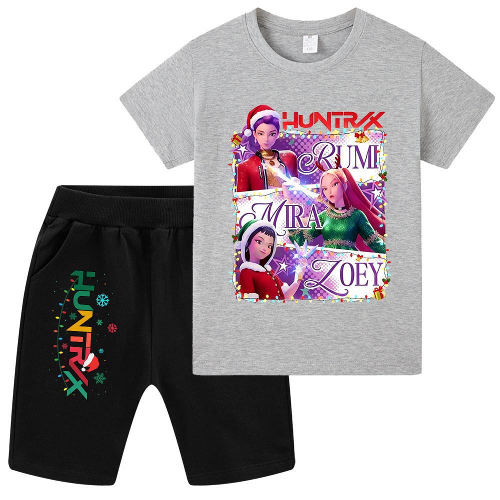 WA1265 Kids Boys Girls Kpop Rumi Zoey Mira Christmas Print Short Sleeves T-shirt Shorts Pants Sets
