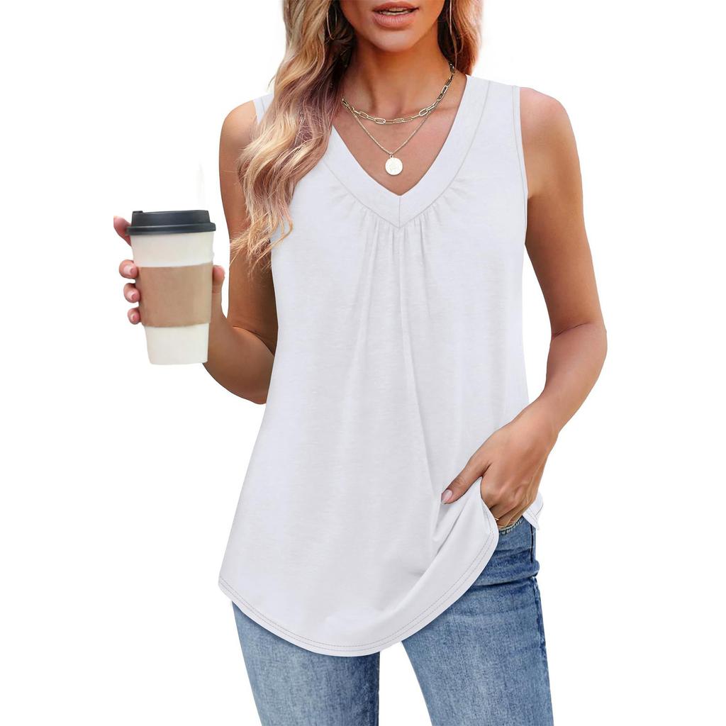Women's Fashion Solid Color V-Neck Sleeveless Ruffled Vest T-Shirt Top