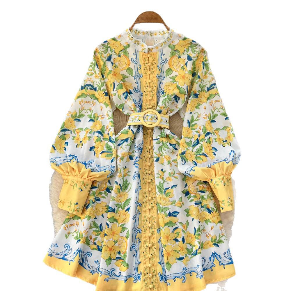 French Court Style Lantern Sleeve Printed Summer Dress - Slim Fit, Waist-Cinching A-Line Skirt