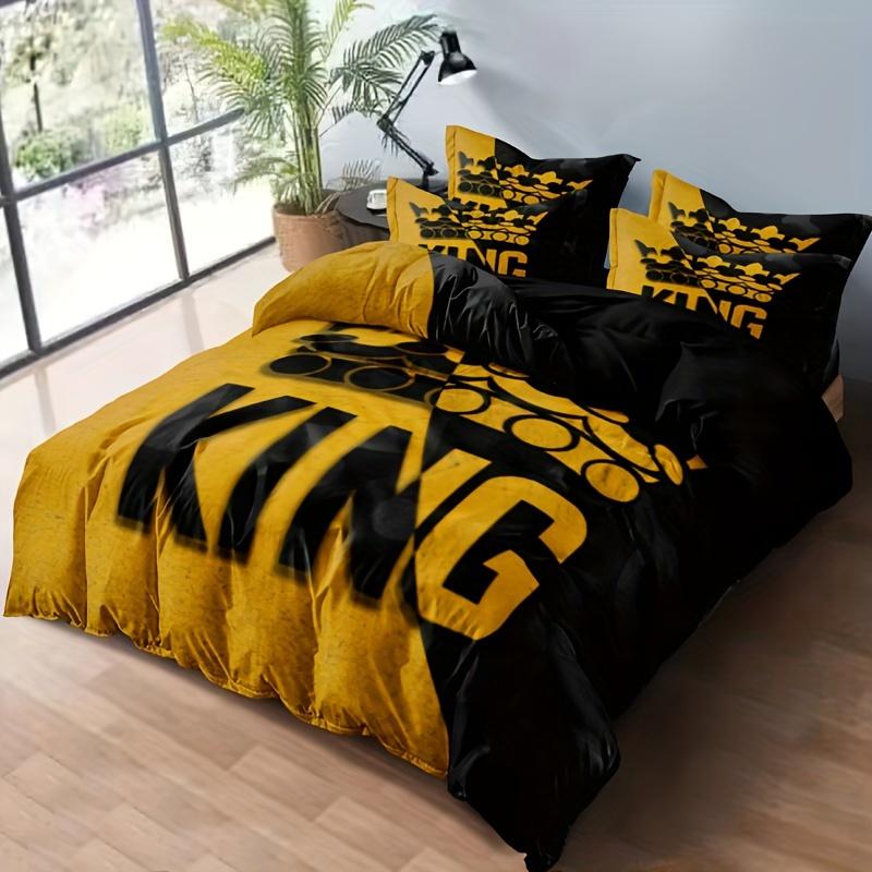 Copripiumino con motivo King giallo e nero, set di biancheria da letto morbida e confortevole per camera da letto, camera degli ospiti e arredamento del dormitorio