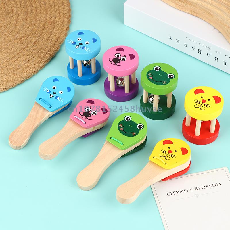 Kids Cartoon Wooden Castanets Five-stud Rattle Bells Baby Clapper Handle Musical Instruments Toys Educational Toys For Children