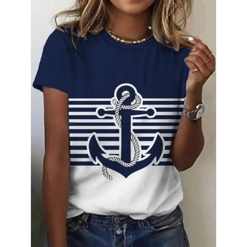 Women's 3D Printed T-Shirt Colorful Striped Boat Anchor Pattern Print Short Sleeve O-Neck Pullover Casual Top