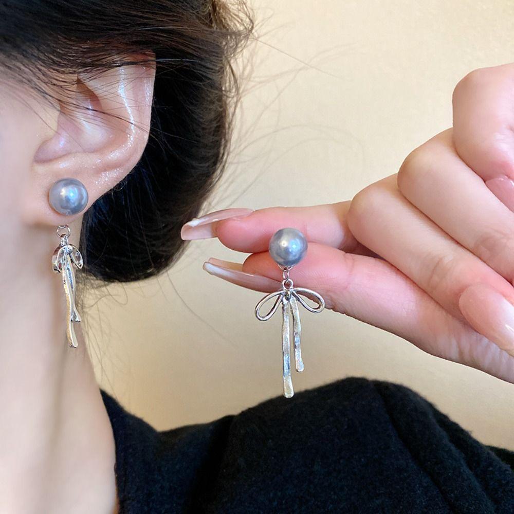 Balletcore Simple Earrings Grey Pearl Piercing Ear Stud Elegant Ribbon Bow Dangle Earrings  Women