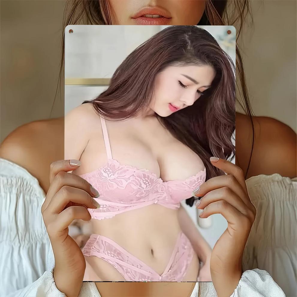 

Hisun Tin Sign HD Metal Tin Sign Seductive Lady in Pink Lace Lingerie Wall Art Retro Metal Plaque for Man Cave Decor x Inch 20x30CM