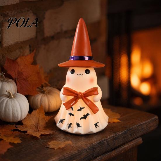 Halloween Witch Hat Decoration Ghost Night Light, Resin Figurine with Glowing Pumpkin Bucket, Warm Cozy Autumn Room Accents LED Amber Lamp, Farmhouse