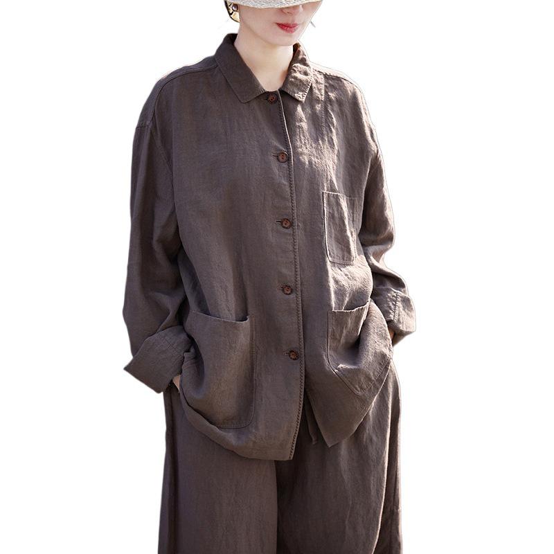 Spring Summer Retro Women's Tea Brown Linen Plus Size Slimming Loose Lapel Shirt Outerwear