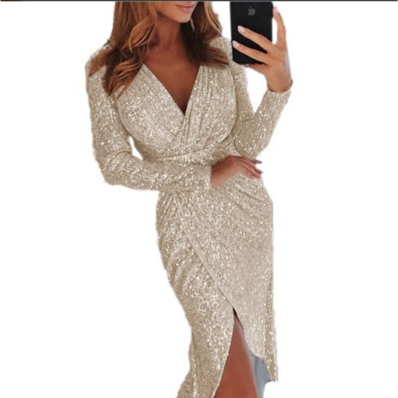 Women Sexy Gold Foil V Neck Long Sleeve Slit Bodycon Midi Evening Party Dress