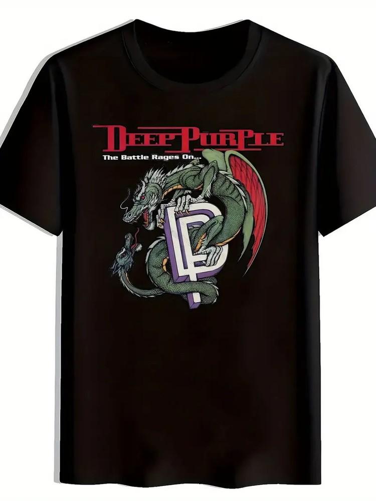 

Men s Rock Band Graphic T-Shirt - Black Polyester Short Sleeve with Dragon and Gui 4XL