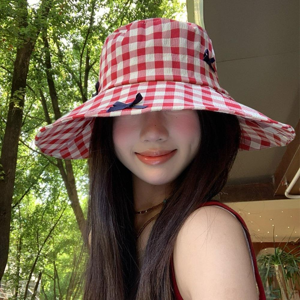 Sun Protection Drawstring Sun Hat Small Lattice Bow Bucket Hat Sweet Plaid Hiking Cap  Famale
