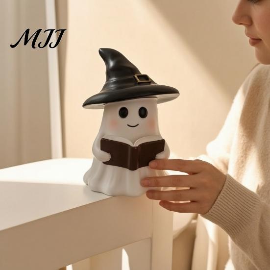Literary Reading Ghost Decor Halloween Figurine with LED Light, Resin Witch Hat Statue Spooky Cute Room Accessories Guitar/Book, Luminous Sculpture