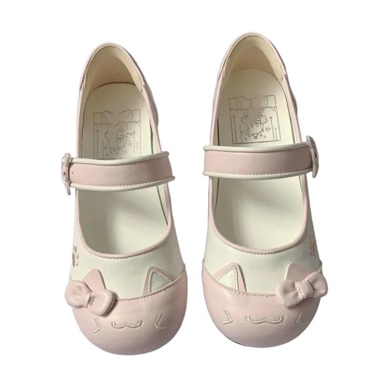 One-word Buckle with Pink Leather Shoes Popular Lolita Flat Single Shoes Women's Summer Bow Round Head Kitten Jk Uniform Shoes