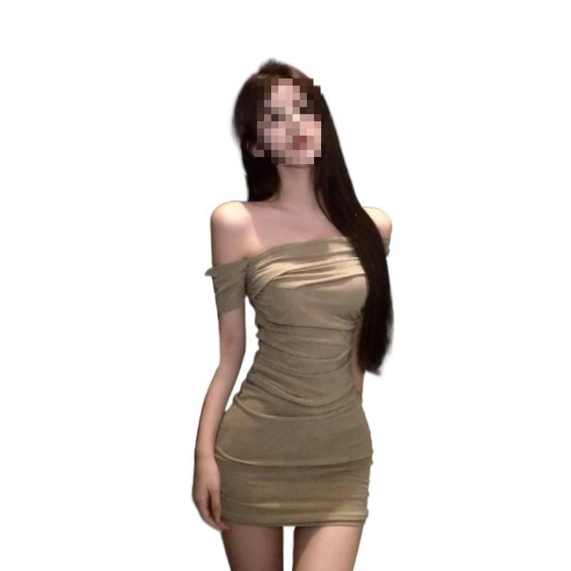 Korean Pure Desire Floating Lace-up Diagonal Collar Off-the-shoulder Short-sleeved Dress Women's Summer New Slim-fitting and Thin Hip-wrapped 