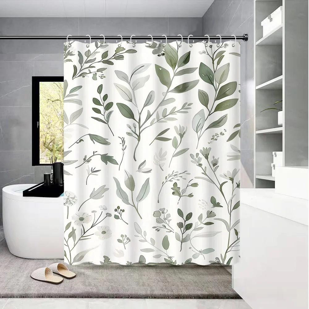 Single Nordic Green Leaf Digital Print Shower Curtain - Waterproof, Ideal for Bathroom Decor & Toilet Partition