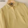 VONDA Elegant Women Lapel Neck Long Puff Sleeve Casual Office Dress