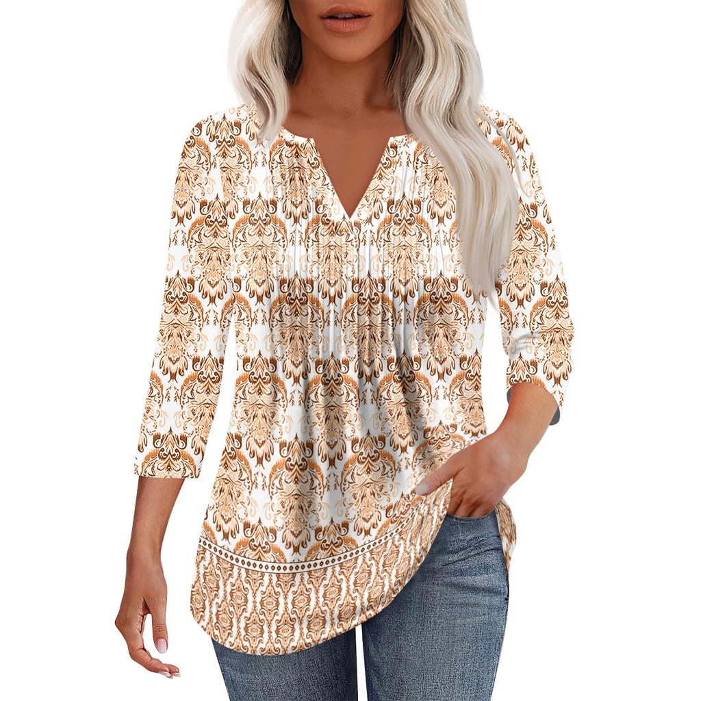 Modisches, lässiges T-Shirt mit plissiertem V-Ausschnitt und einfarbigen Siebenviertelärmeln für Damen