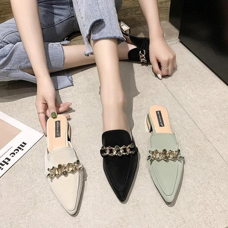 Slippers Women 2025 New Chain Mules Women Slides Square Toe Ladies Striped Shoes Summer Fashion Footwear Square Heel Women Shoes