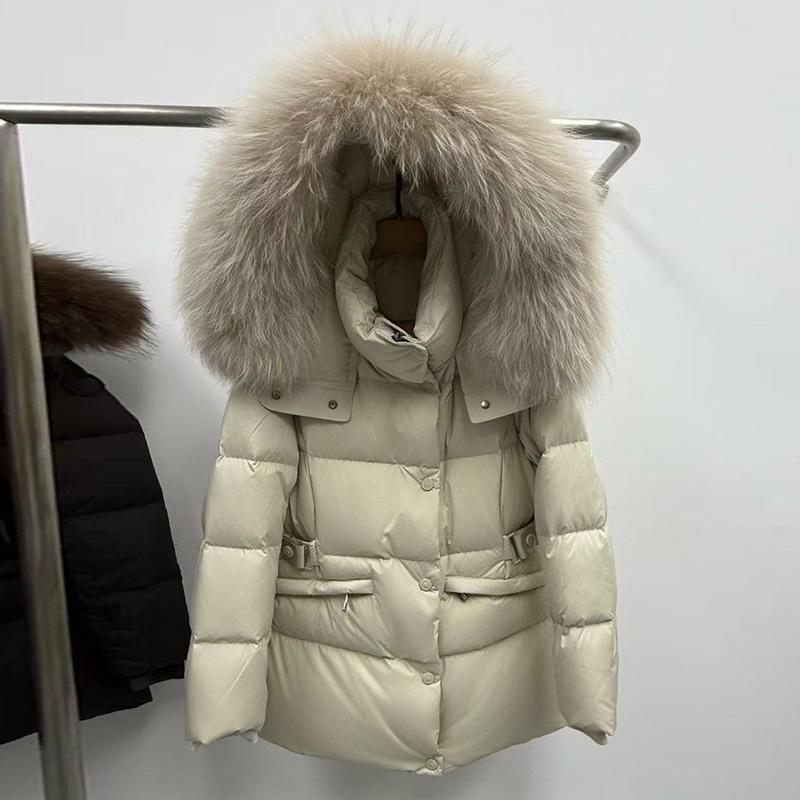 Winter New European Fox Big Fur Collar White Goose Down Jacket Women's Short Hooded Waist Thickened Coat