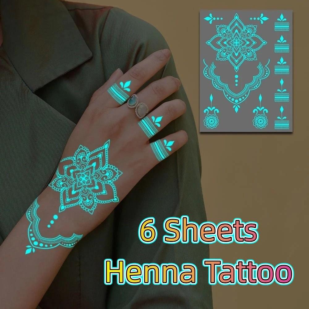 6 Sheets Lasting Mandala Temporary Tattoos Blue Luminous Lace Fake Tattoos  for Women