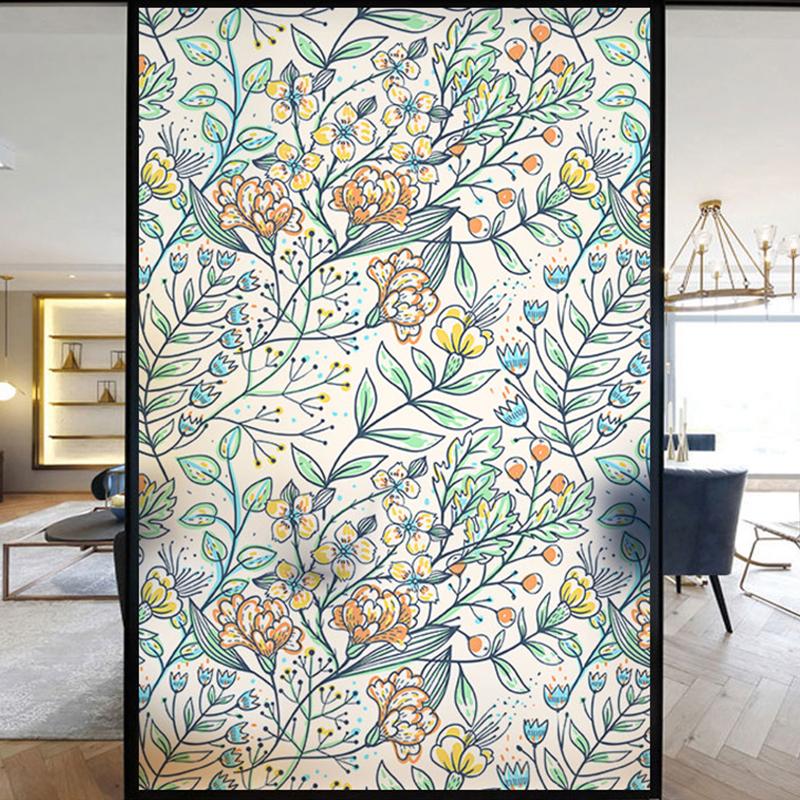 Spring Summer Glass Window Film Static Sticker Color Floral Green Plant Pattern Window Decals For Bathroom Home Decorative Film 40x90cm
