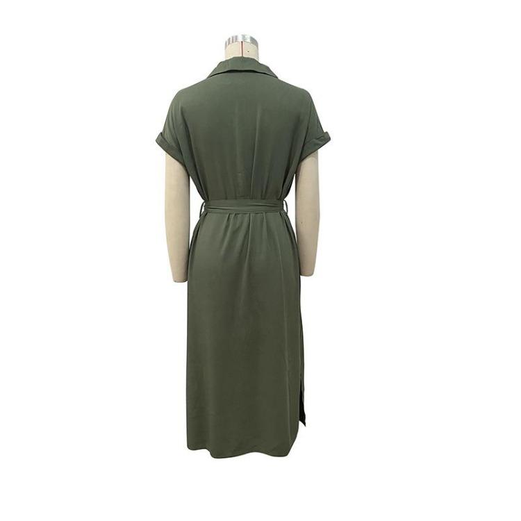 Women's Summer Lace Up Dress Solid Color Turn Down Collar Single Breasted Split Design